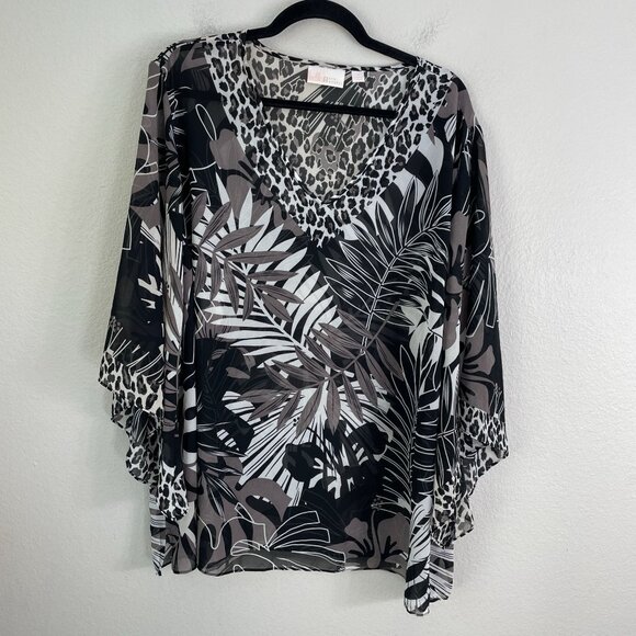 Kim Gravel Belle Womens Plus 2X Poncho Black Gray Jungle Leopard Tunic Top - Picture 7 of 10